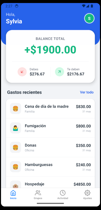 Pantalla de balance total en SPLITT